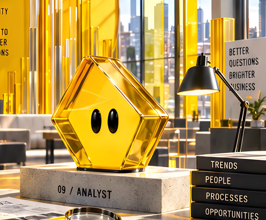 The yellow crystal character on a plinth labelled 09 / Analyst, beside books labelled trends, people, processes and opportunities.