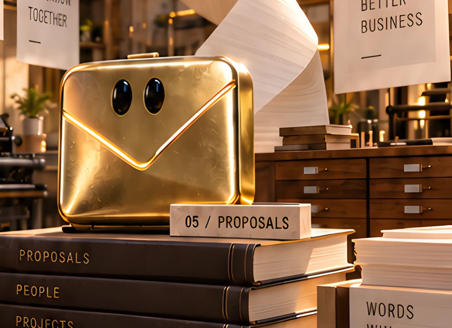 The gold envelope character on a stack of books labelled 05 / Proposals, in a warm print studio.