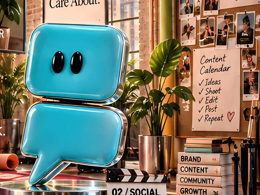 The turquoise speech-bubble character beside a pinboard content calendar, on a plinth labelled 02 / Social.