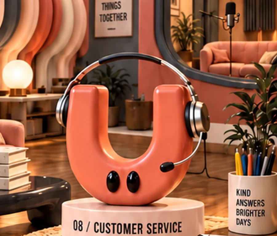 The coral arch character wearing a headset, on a plinth labelled 08 / Customer service.
