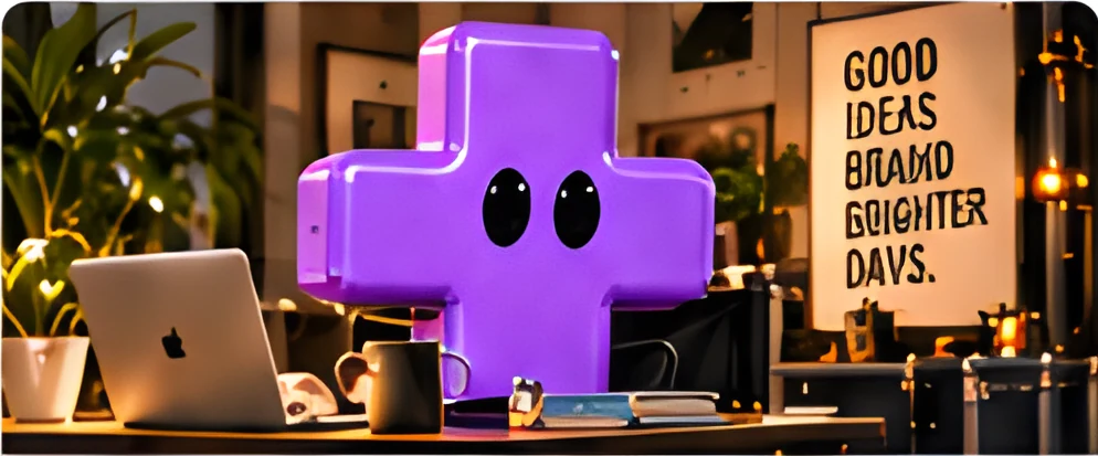 A purple cross-shaped character on a desk beside a laptop, under a poster reading “Good ideas brand brighter days.”