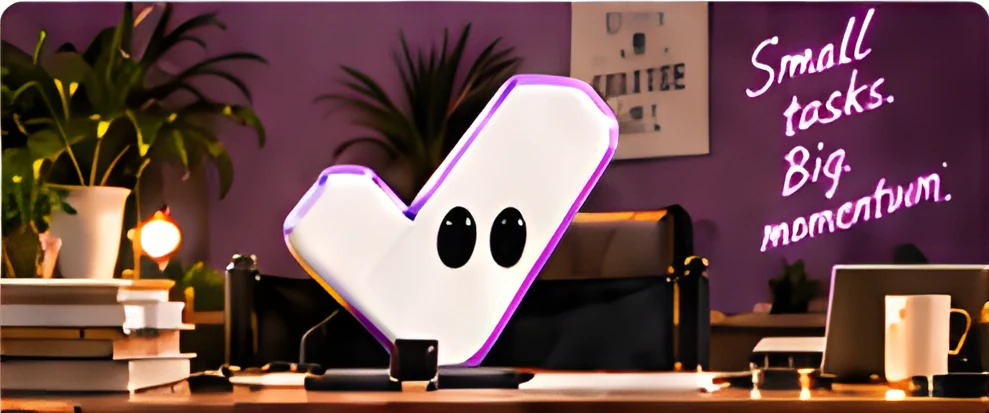 A white tick-shaped character on a desk in a violet-lit room, beside a handwritten note reading “Small tasks. Big momentum.”