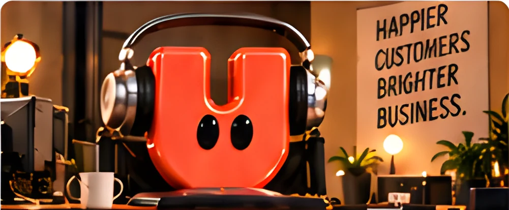 A red horseshoe-shaped character wearing headphones on a desk, under a poster reading “Happier customers brighter business.”