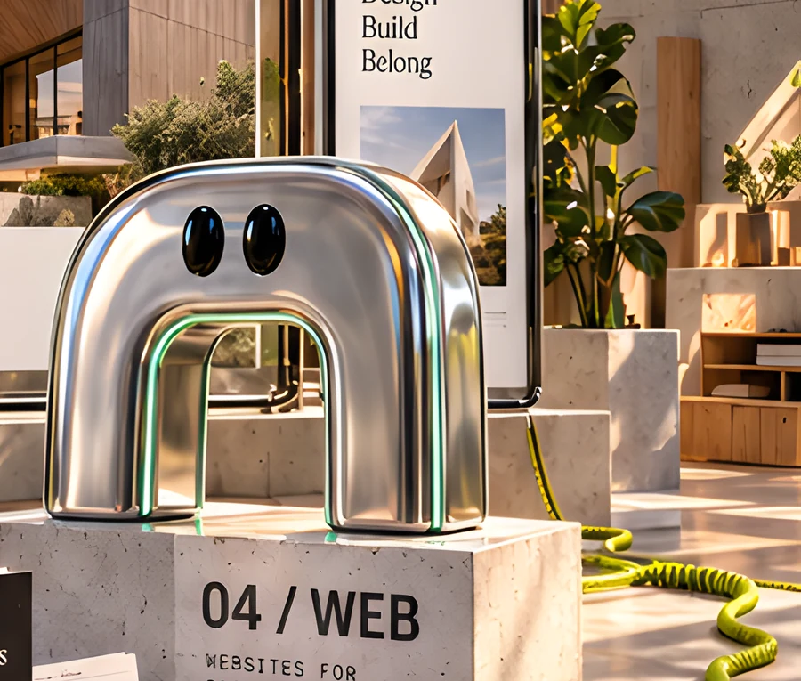 The chrome arch character on a concrete plinth labelled 04 / Web, in a sunlit design studio.
