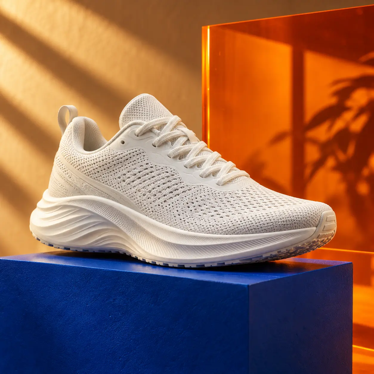 A white knitted running shoe on a cobalt-blue plinth against a warm orange panel, lit by hard afternoon sun.