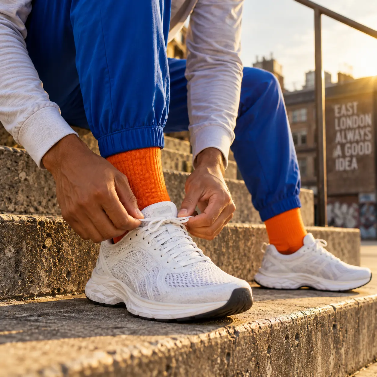 A runner in blue tracksuit trousers and orange socks lacing a white trainer on concrete steps, with a mural reading “East London always a good idea” behind.