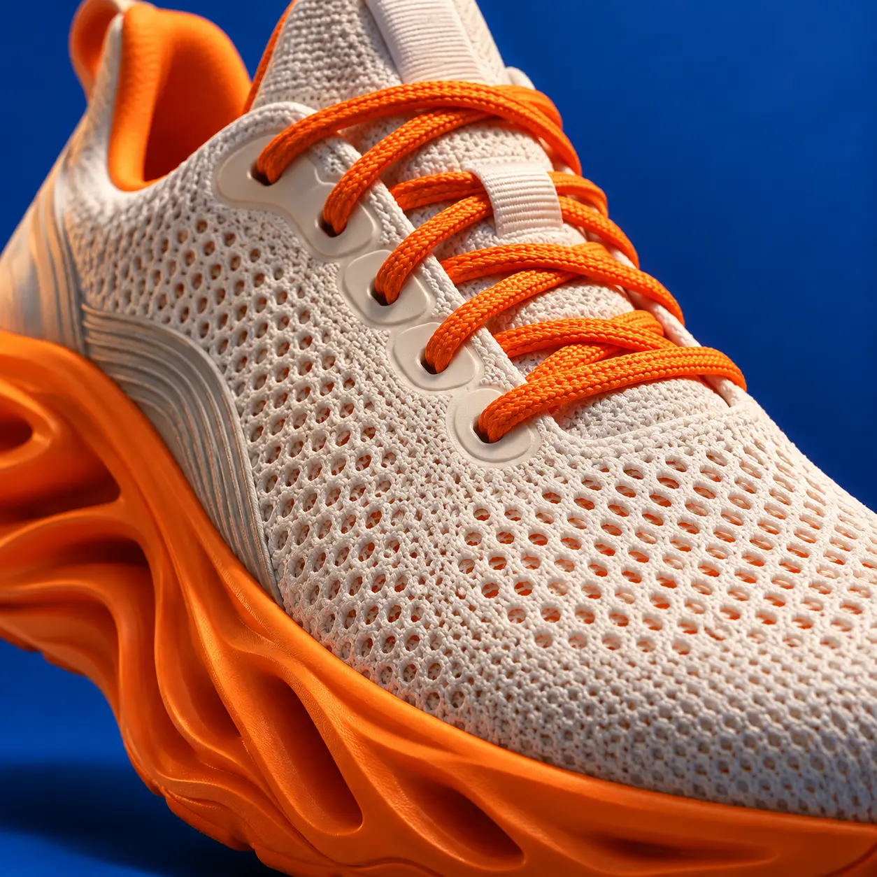 A close-up of the same trainer showing its cream knitted upper, orange laces and sculpted orange sole against a blue background.