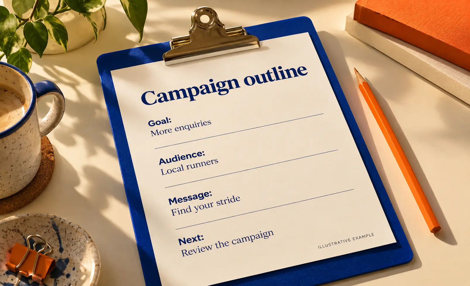 A printed campaign outline on a blue clipboard, marked Illustrative example, listing Goal — more enquiries, Audience — local runners, Message — find your stride, Next — review the campaign.