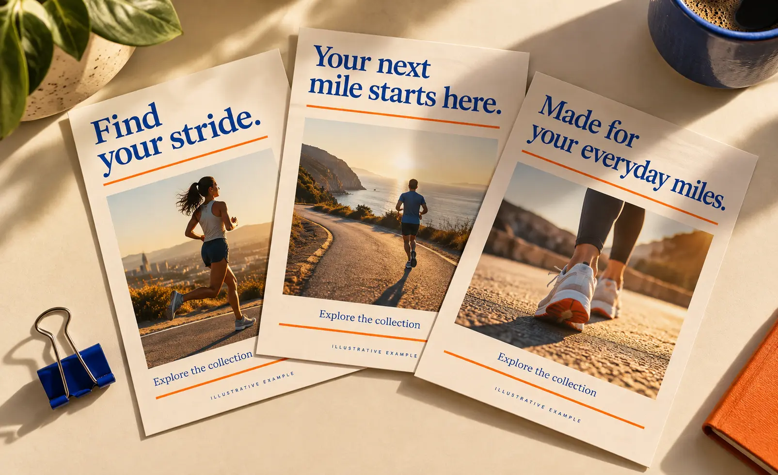 Three printed advert options marked Illustrative example, headed “Find your stride.”, “Your next mile starts here.” and “Made for your everyday miles.”, each with a running photograph and the line Explore the collection.
