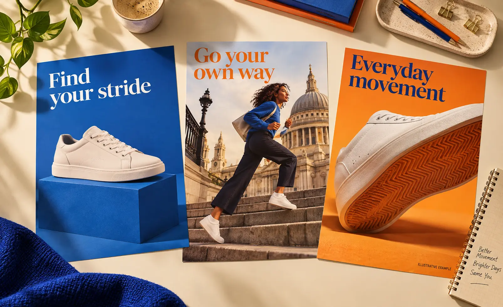 Three creative concept boards marked Illustrative example — a shoe on a blue plinth headed “Find your stride”, a runner on city steps headed “Go your own way”, and an orange close-up headed “Everyday movement”.