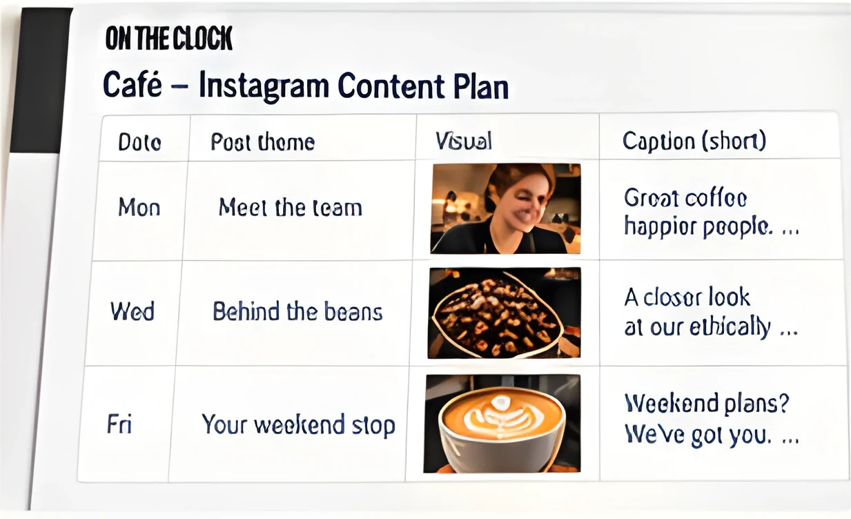 A content plan table headed “Café – Instagram Content Plan”, with columns for date, post theme, visual and a short caption, and rows for Monday, Wednesday and Friday.