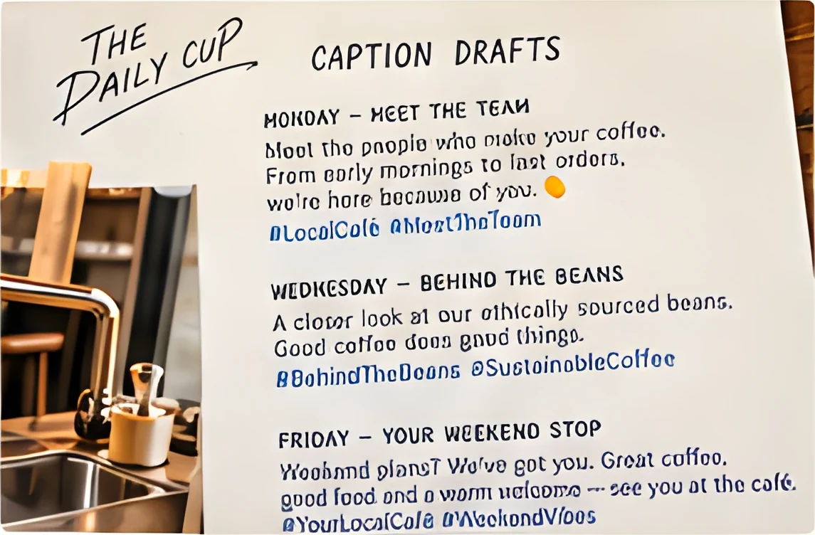 A handwritten sheet headed “The Daily Cup — Caption drafts”, with the Monday, Wednesday and Friday captions and their hashtags.