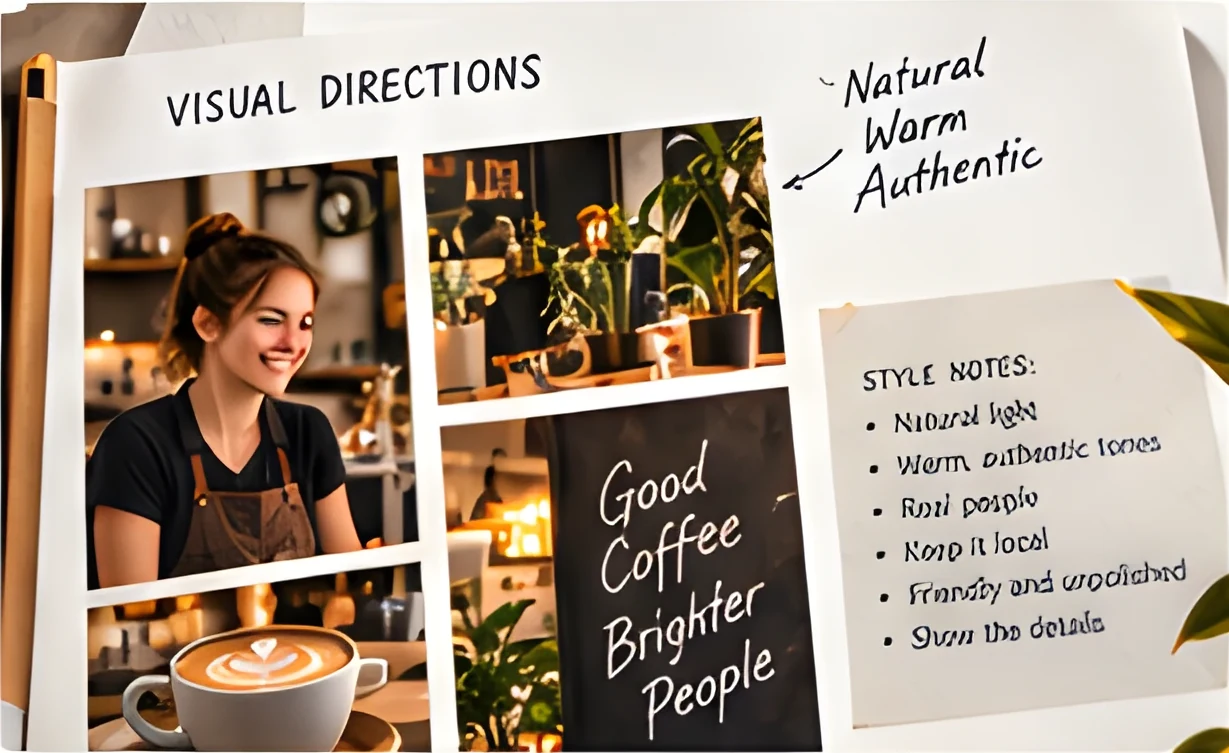 A mood board headed “Visual directions” with café photographs, a note reading “Natural Warm Authentic” and a list of style notes.