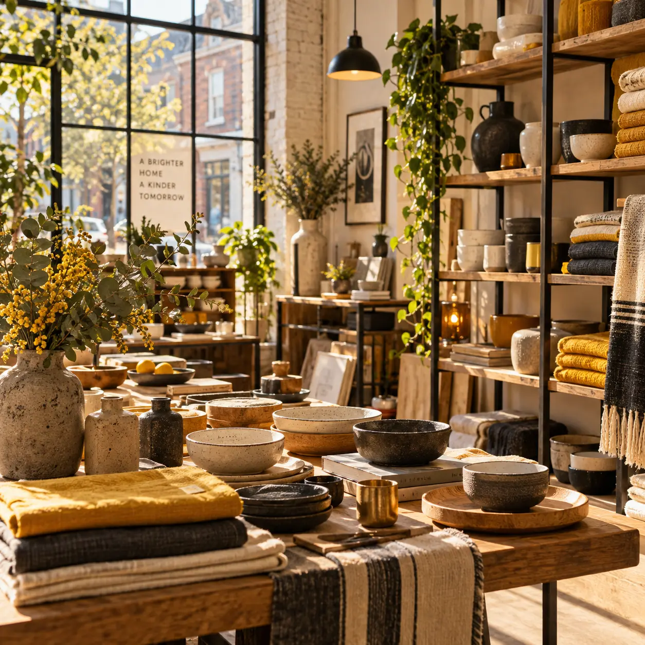 An independent homewares shop in morning light, with stacked ceramic bowls, folded textiles and shelves of pottery beside a tall window.