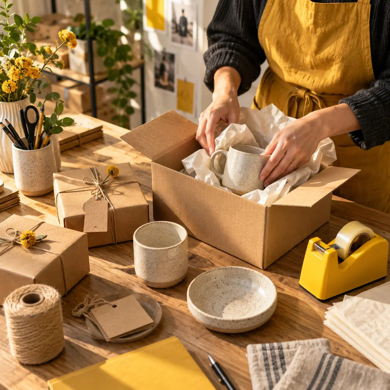 A packing bench with a part-filled cardboard box, wrapped parcels, twine, a yellow tape dispenser and two stoneware mugs.