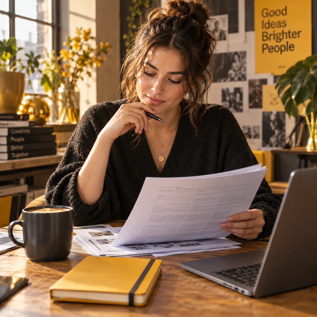 A shop owner at a desk reading a printed report beside a laptop, a mug and a yellow notebook, with a poster reading “Good ideas brighter people” behind.
