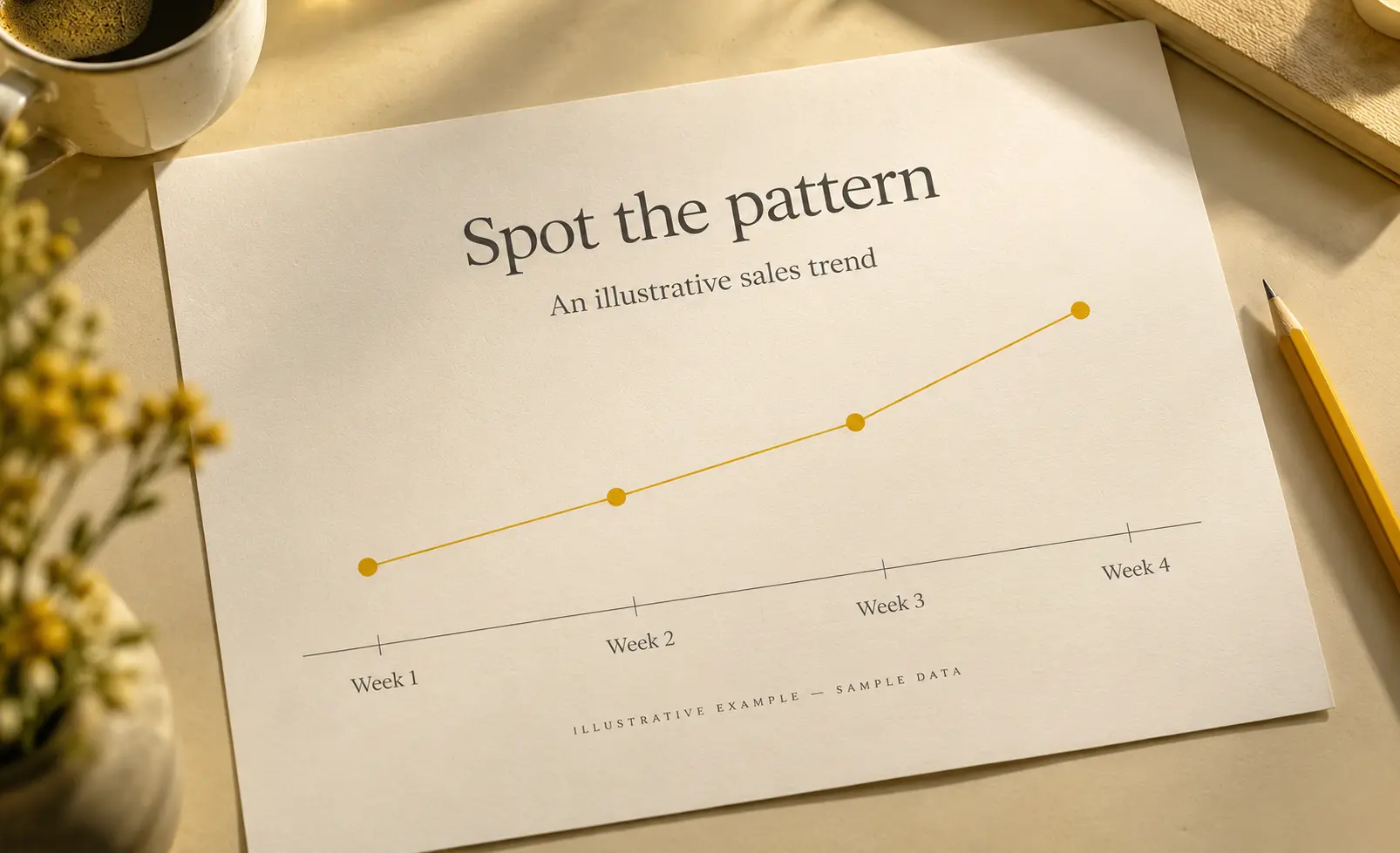 A printed chart marked Illustrative example — sample data, headed “Spot the pattern”, showing a rising line across Week 1 to Week 4 with no values on the axis.