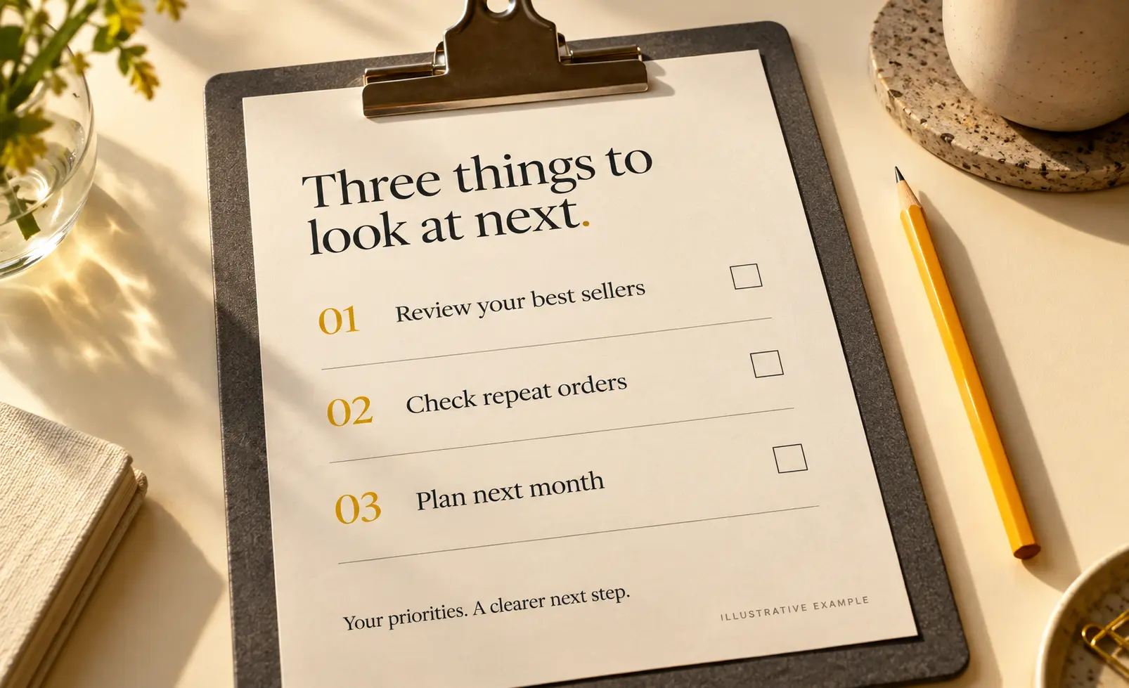 A printed checklist on a clipboard, marked Illustrative example, headed “Three things to look at next.” listing review your best sellers, check repeat orders and plan next month.