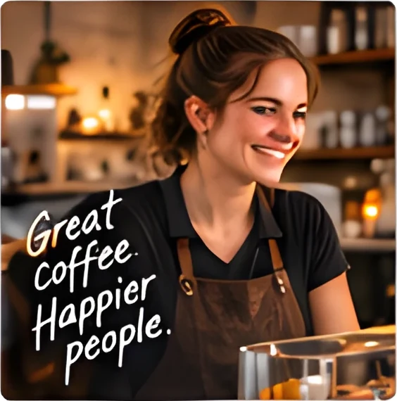 A barista in a café apron smiling behind the counter, with the handwriting “Great coffee happier people.” across the photograph.