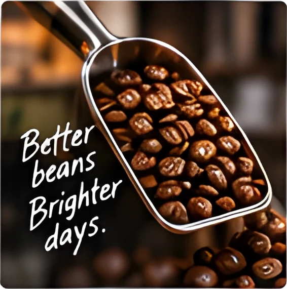 A metal scoop of roasted coffee beans, with the handwriting “Better beans Brighter days.” across the photograph.