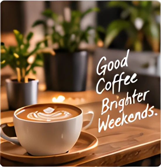 A flat white on a wooden table beside a plant, with the handwriting “Good Coffee Brighter Weekends.” across the photograph.