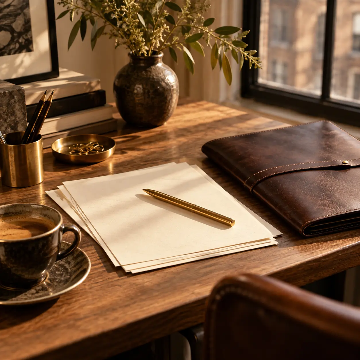 A walnut desk in evening light with a leather folio, a stack of blank paper, a brass pen, a coffee cup and a vase of dried stems.