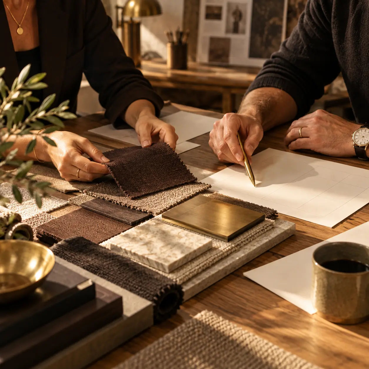 Two people at a studio table going through fabric and material samples, one holding a brass swatch, with a mood wall behind them.