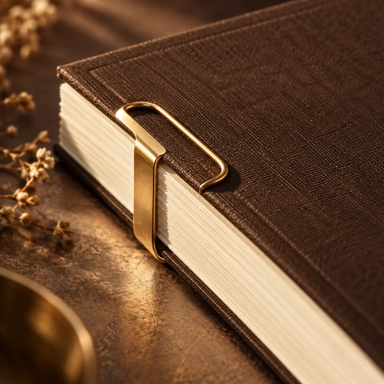 A close-up of a dark cloth-bound document with a brushed brass clip on its edge, on a warm-lit desk.
