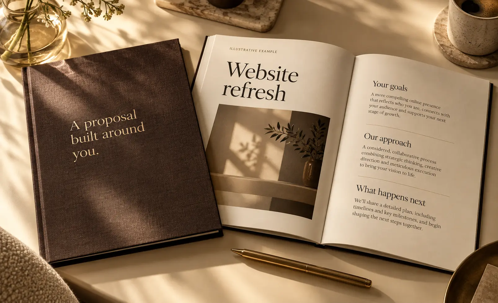 An open cloth-bound proposal marked Illustrative example, headed “Website refresh”, with sections for Your goals, Our approach and What happens next, beside a cover reading “A proposal built around you.”