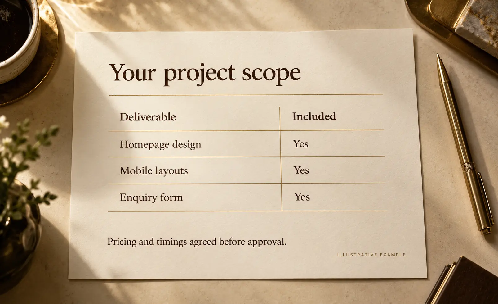 A printed scope sheet marked Illustrative example headed “Your project scope”, with a Deliverable and Included table listing homepage design, mobile layouts and enquiry form, and the line “Pricing and timings agreed before approval.”