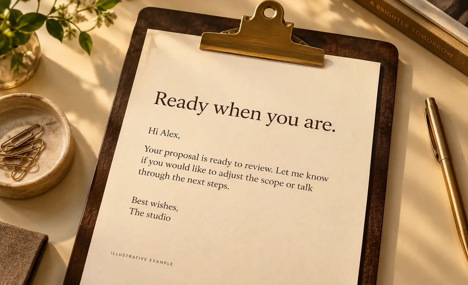 A printed follow-up note on a clipboard, marked Illustrative example, headed “Ready when you are.” and signed “Best wishes, The studio.”