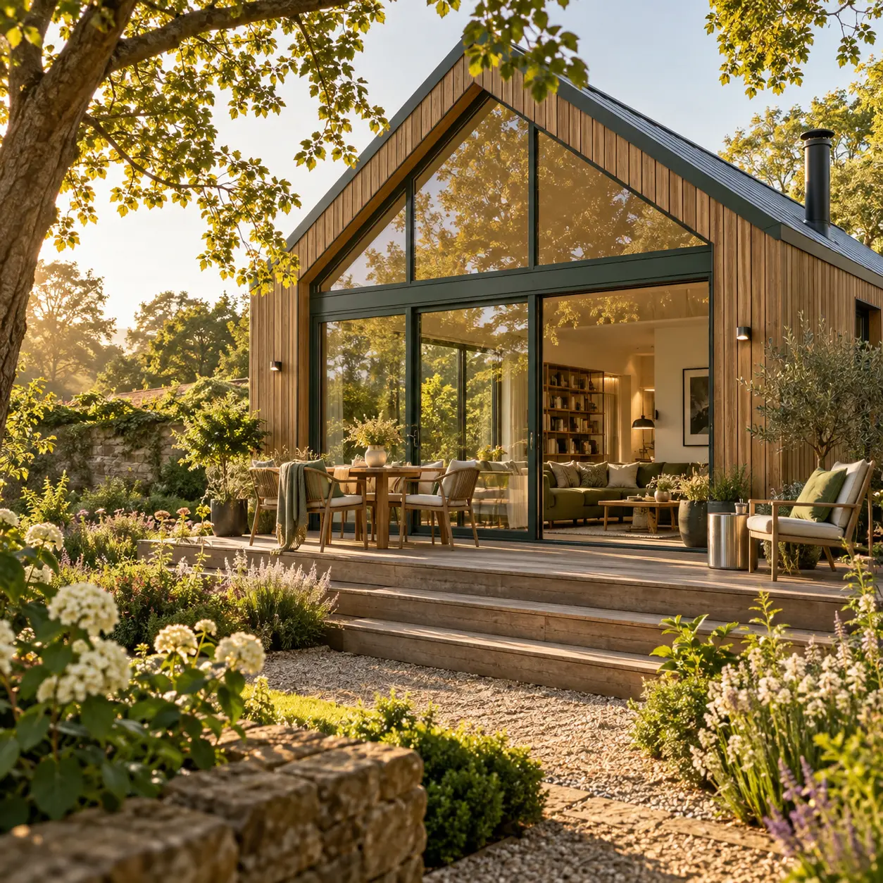 A timber-clad house with a tall glazed gable, photographed through trees at golden hour with a planted gravel garden in front.