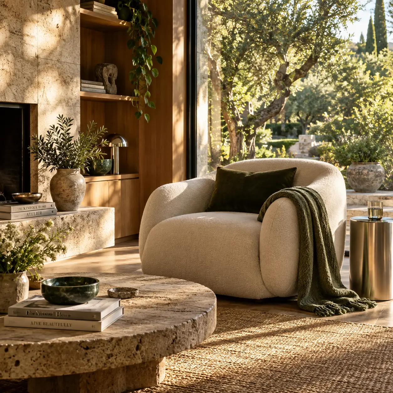 A stone-walled living room with a rounded cream armchair, an olive throw, a travertine coffee table and a garden beyond full-height glazing.