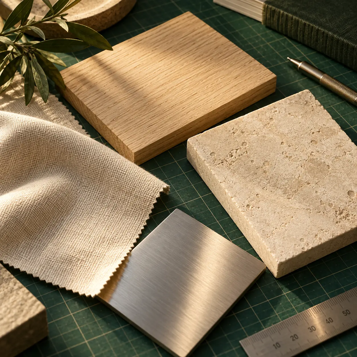 A flat-lay of material samples on a green cutting mat — oak, travertine, brushed steel, linen and an olive sprig, with a pencil and a steel ruler.