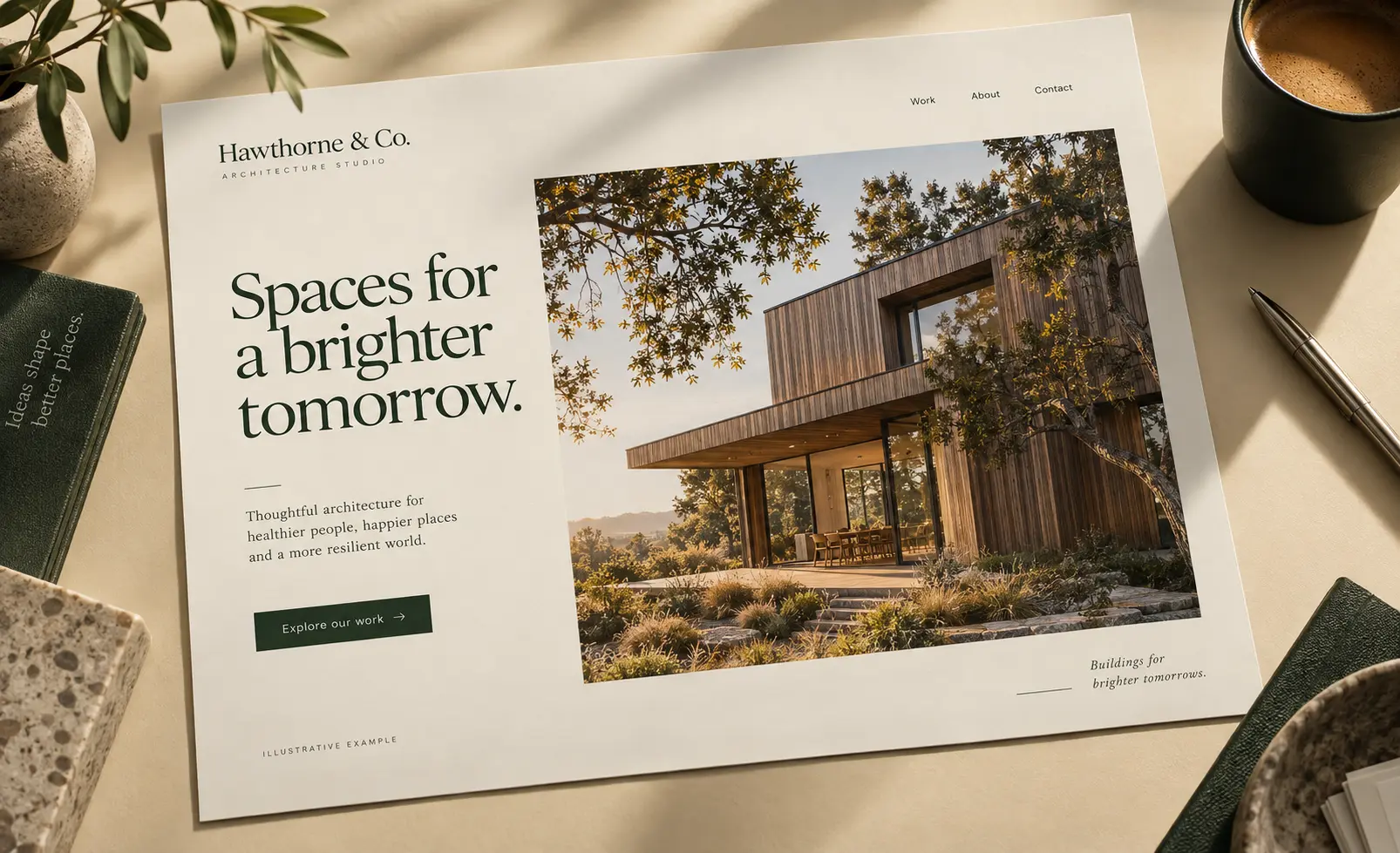A printed homepage concept for Hawthorne & Co Architecture Studio, marked Illustrative example, headed “Spaces for a brighter tomorrow.” with a photograph of the timber house and an Explore our work button.