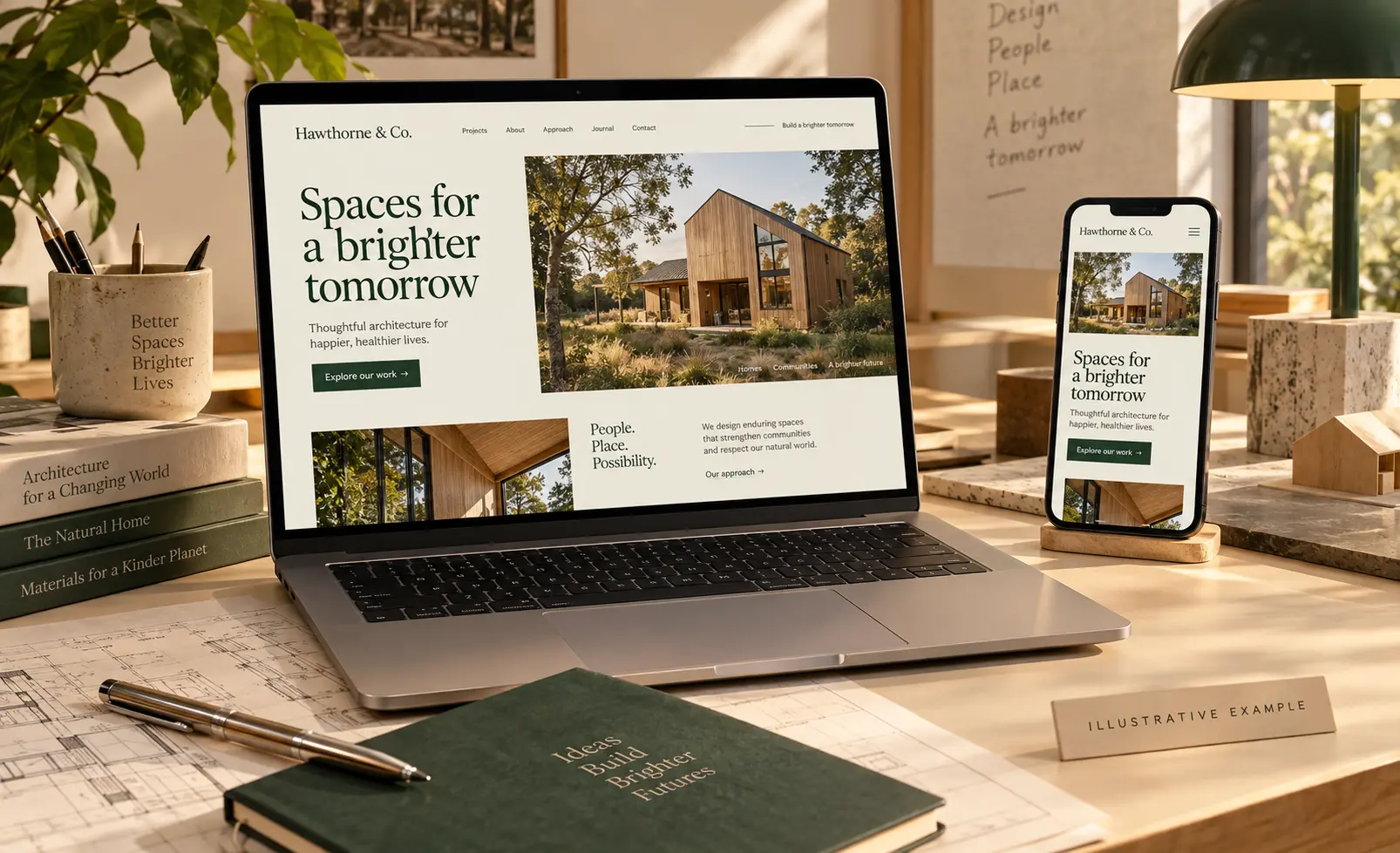 The same Hawthorne & Co homepage shown on a laptop and a phone beside architectural drawings and a notebook, with a card reading Illustrative example.