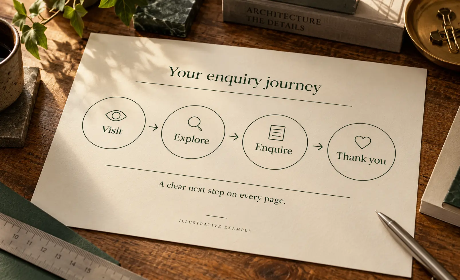 A printed diagram marked Illustrative example headed “Your enquiry journey”, with four circled steps — Visit, Explore, Enquire, Thank you — and the line “A clear next step on every page.”